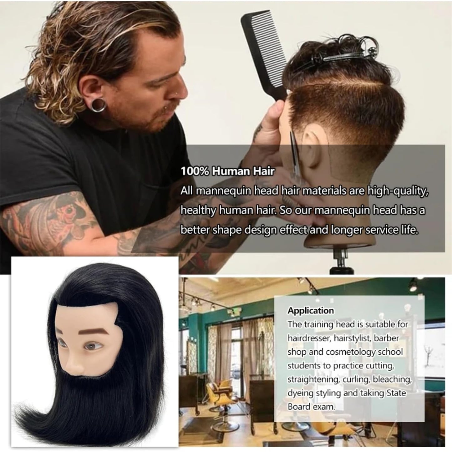 Yiifiulyn Mannequin Head Human Hair, Cosmetology Students Training Doll Head for Hair Styling & Barber Mannequin Head Male for Practice Hair Cutting or Trim Beard