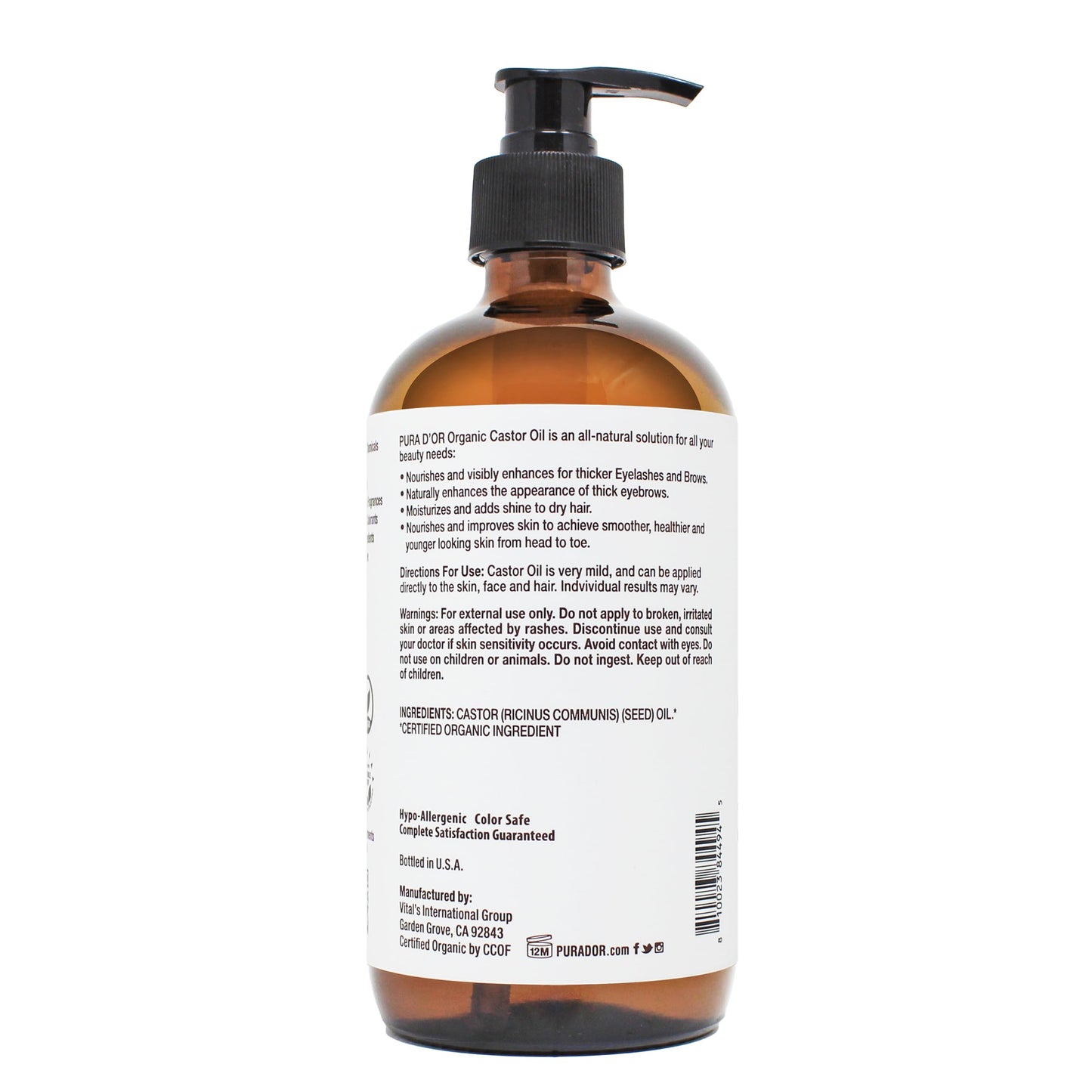 PURA D'OR ORGANIC Castor Oil (16.9 Oz GLASS BOTTLE) Pure Cold-Pressed Hexane-Free USDA Certified – Lashes Brows Hair Scalp Skin – Botanical Moisturizer for Softness Strength Hydration Shine Radiance