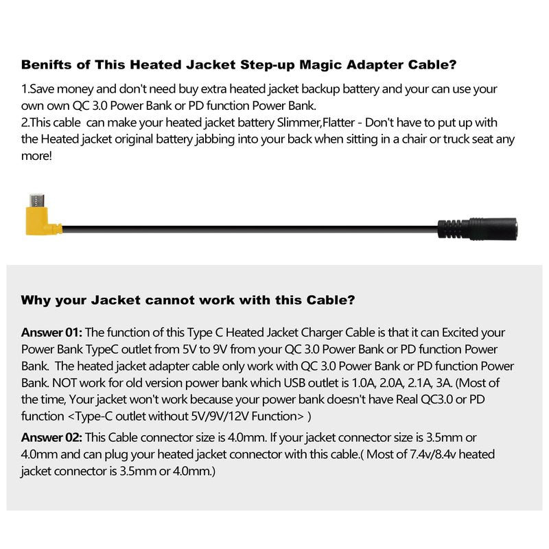 Smarkey 9V Heated Jacket Battery Step-Up Adapter Charger Cable for 7.4V 8.4V Heated Jackets, Heated Hoodies and Heated Vests, Compatible with Ororo, Venustas (Not for 12V Heated Gear)