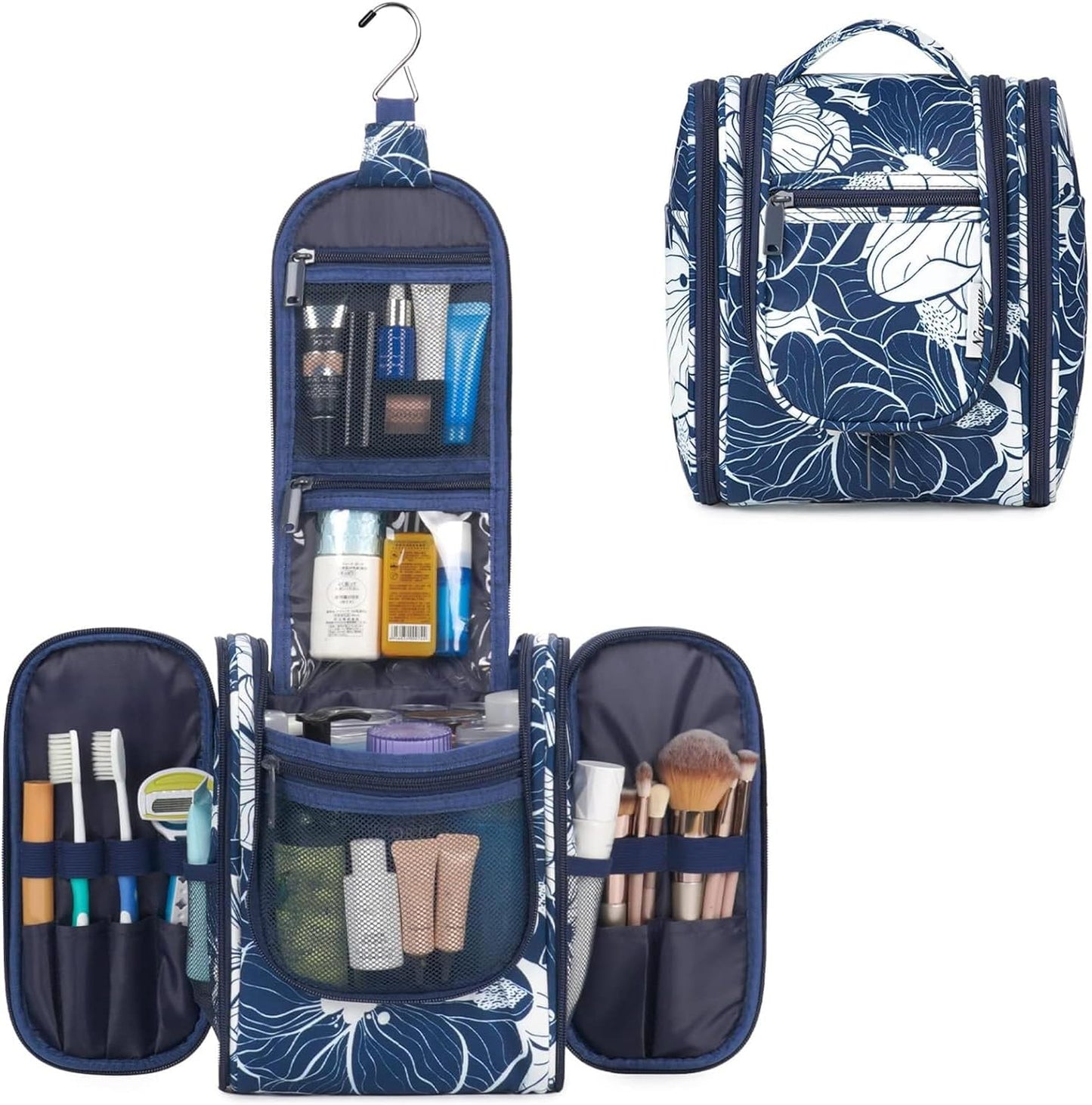 Travel Toiletry Bag Organizer - Small Hanging Cosmetic Case for Men & Women | Medium, Blue Lotus