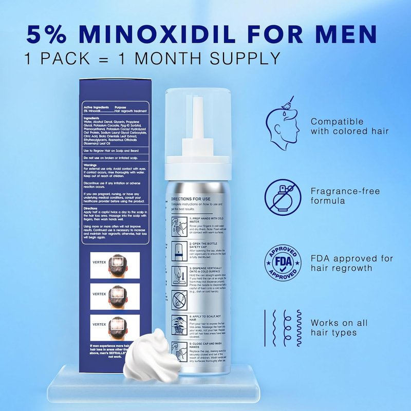 5% Minoxidil Foam for Hair Regrowth | Topical Hair Loss Treatment for Men - 60ml / 2.11oz