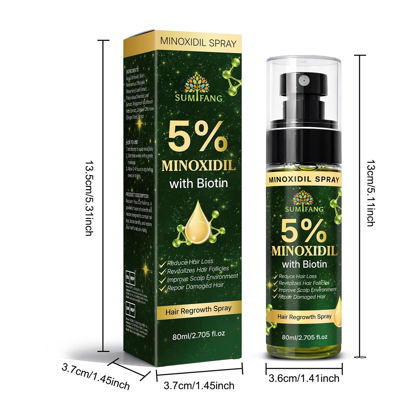 SUMIFANG 5% Minoxidil for Men & Women Hair Growth Biotin Serum with Rosemary for Hair Beard Regrowth Treatments, Unscented Topical Minoxidil Spray 80ML for Faster Stronger Thicker Hair Growth