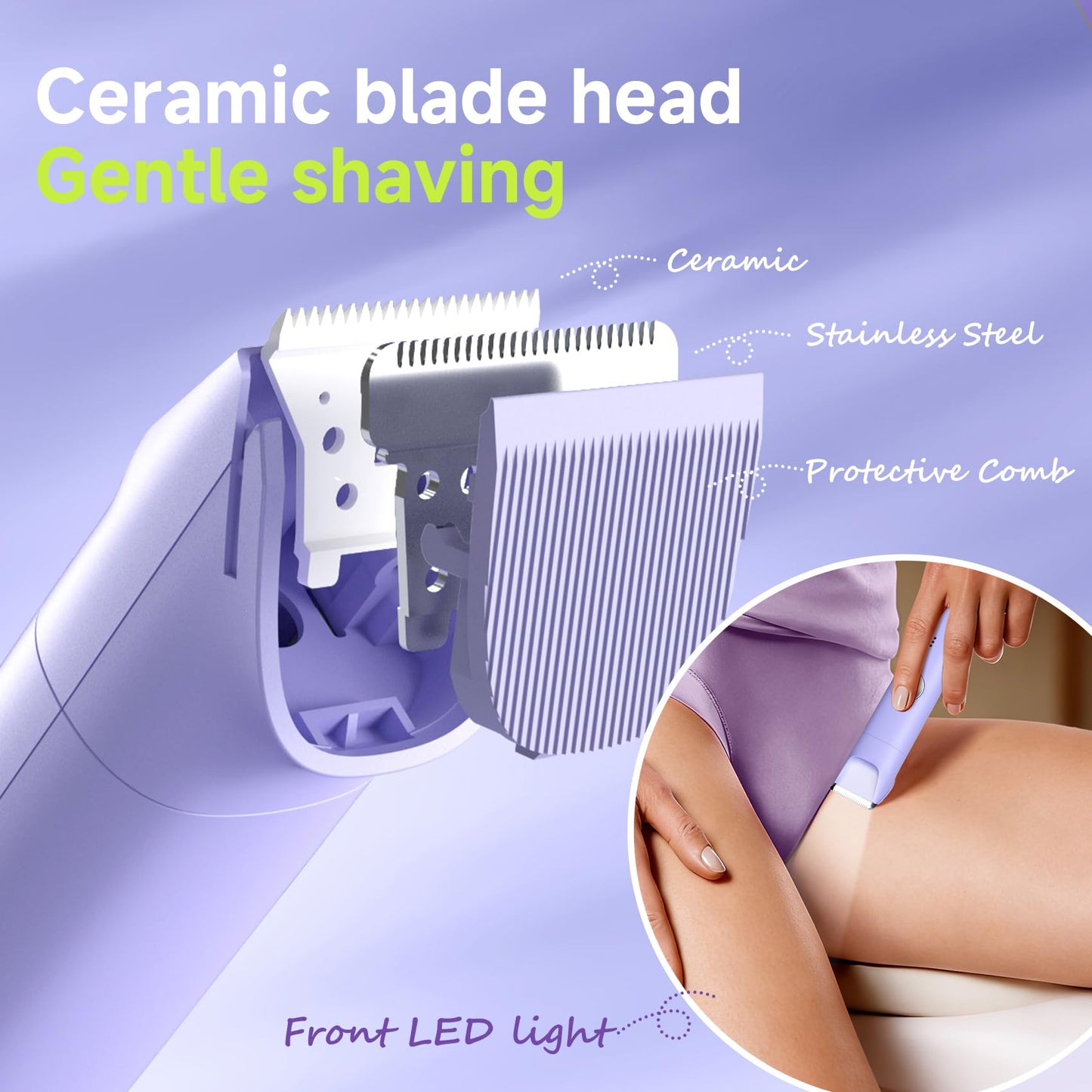 Likefun Bikini Trimmer for Women - 3-in-1 Painless Electric Razor, Ceramic Blade Cordless Body & Facial Shaver for Face, Legs & Pubic Hair, Wet & Dry Use, USB-C Rechargeable, Gifts for Women (Purple)