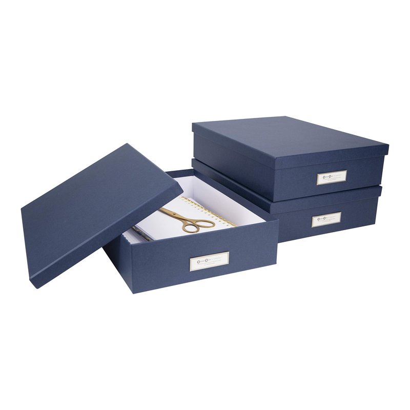 Bigso Oskar Fiberboard Label Frame Document Letter Box - File Organizer Box for Important Paperwork - Document Storage with a Lid & Metal Label Window - 3.3 in x 10.2 in x 13.8 in - Dark Blue
