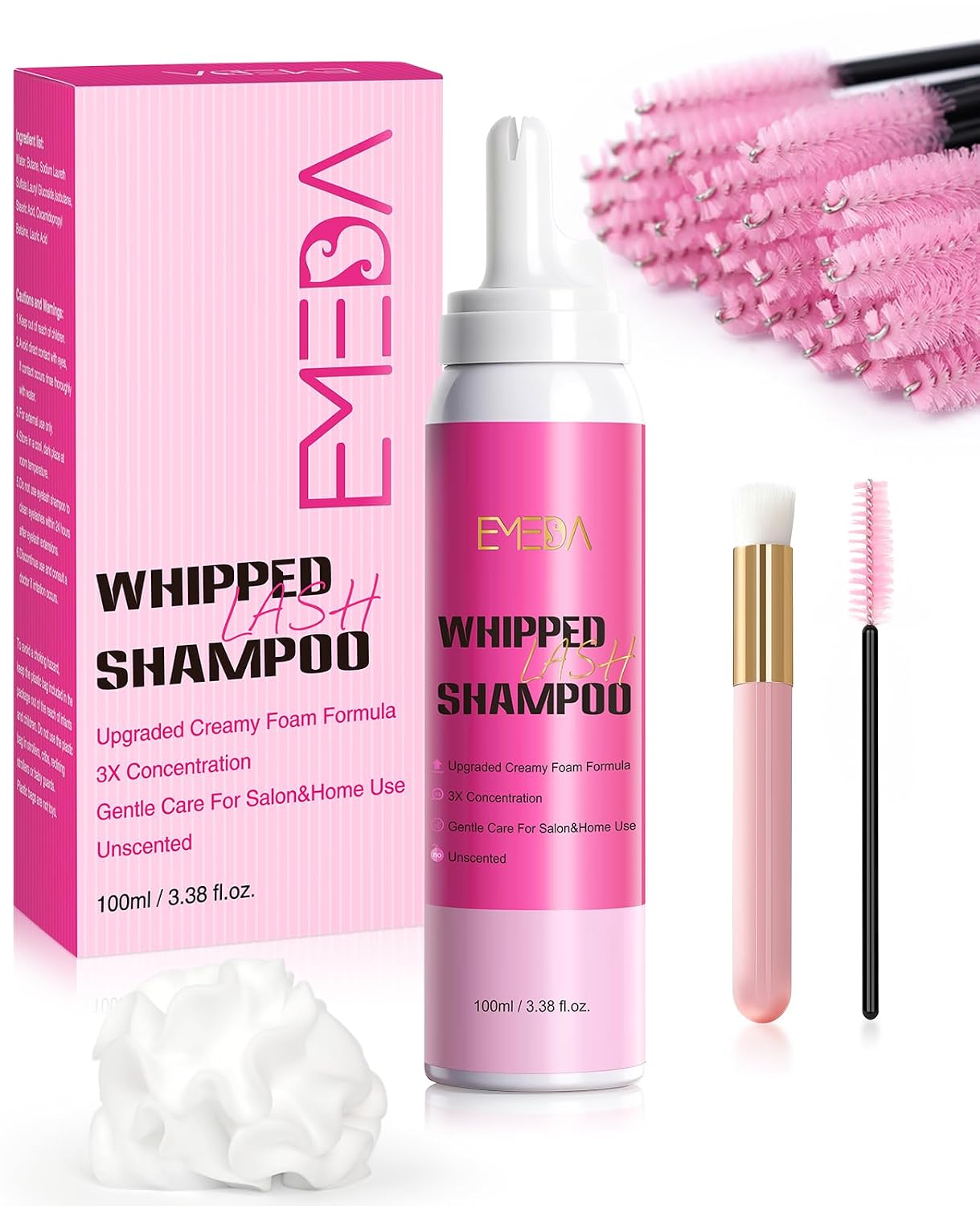 Whipped Lash Shampoo Kit - Deep Cleanser Foam for Extensions & Strips | 100ml with Brush, Unscented