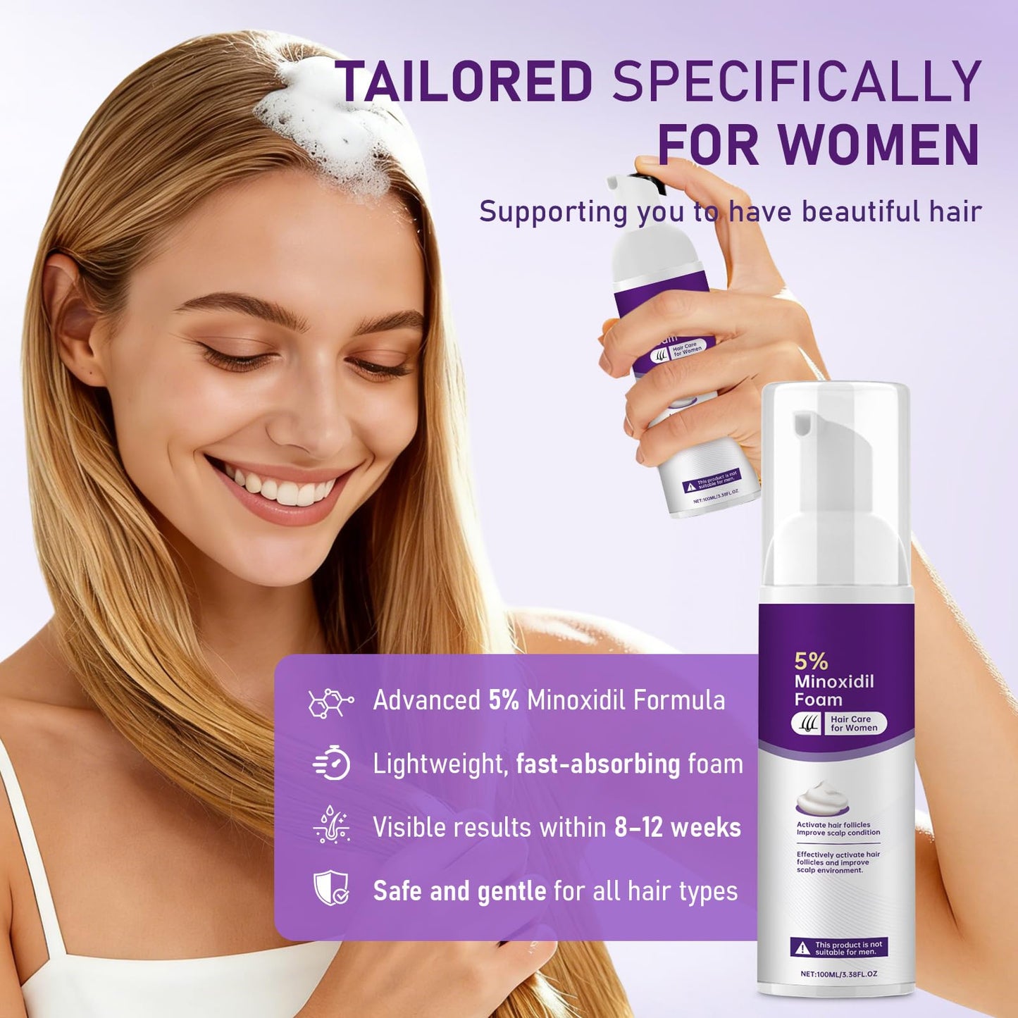 5% Minoxidil Foam for Women Hair Growth Foam Suitable for Hair Thinning Receding Hairline and Hair Loss to Hair Regrowth Get Thicker Fuller Hair 2 Bottles