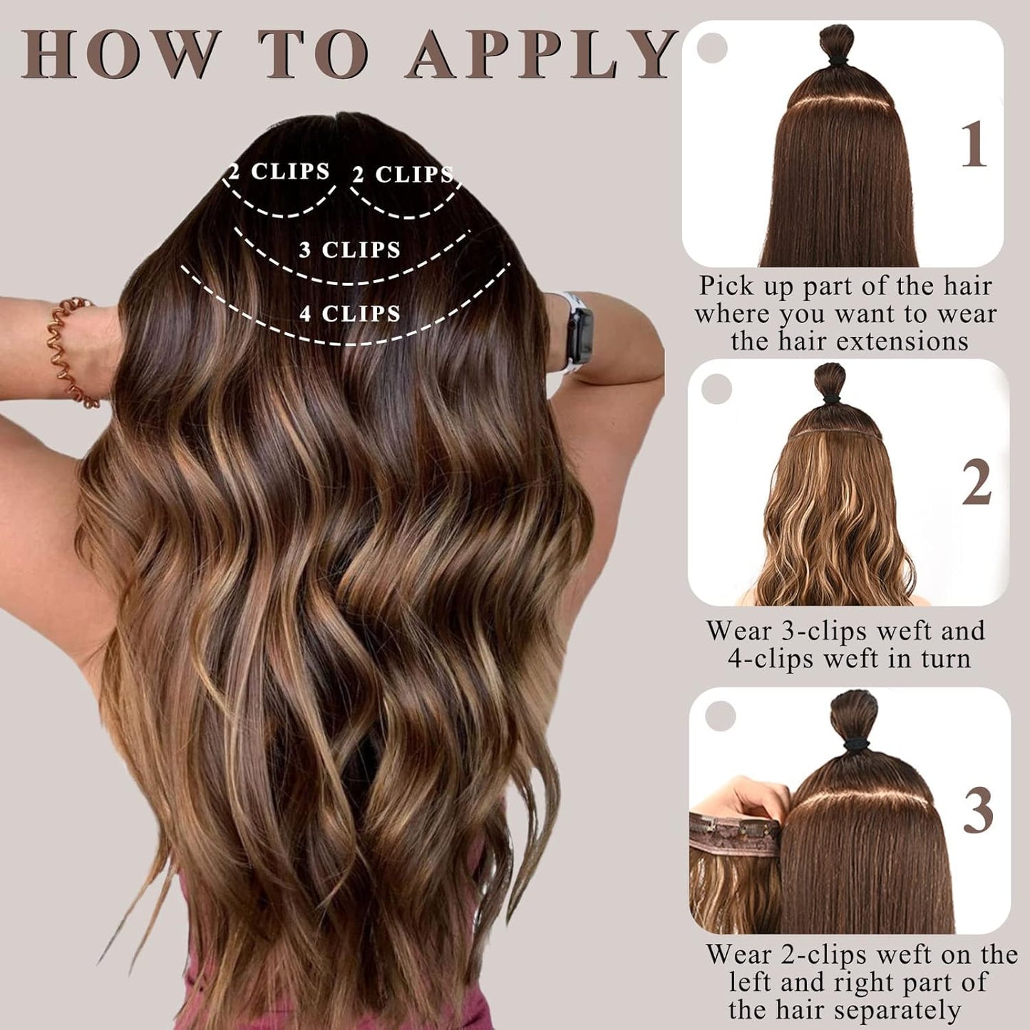 NAYOO 4PCS Brown Clip in Hair Extensions Long Wavy Curly Synthetic Thick Hairpieces for Women with Fiber Double Weft Hair Full Head(20 inch, Brown)