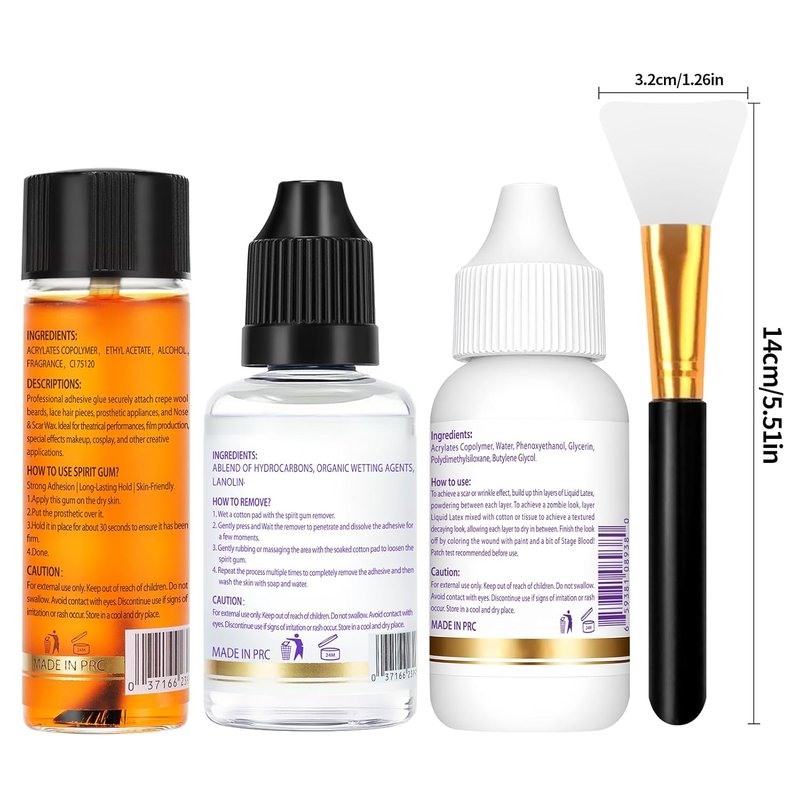 Spirit Gum Adhesive & Remover Kit - 15ml Professional Cosmetic Glue for Face, Skin, Body & SFX Makeup | Strong Hold for Bald Caps, Prosthetics, Cosplay Wigs