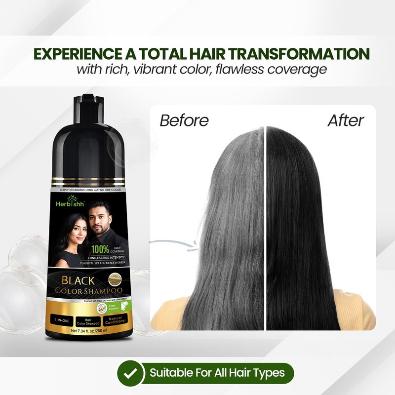 Herbishh Black Shampoo, Hair Dye Shampoo 3 in 1, 100% Grey Coverage, Demi-Permanent Hair Color for Men & Women, Long-lasting Color in 5-15 Mins, Ammonia-free, 200 ml