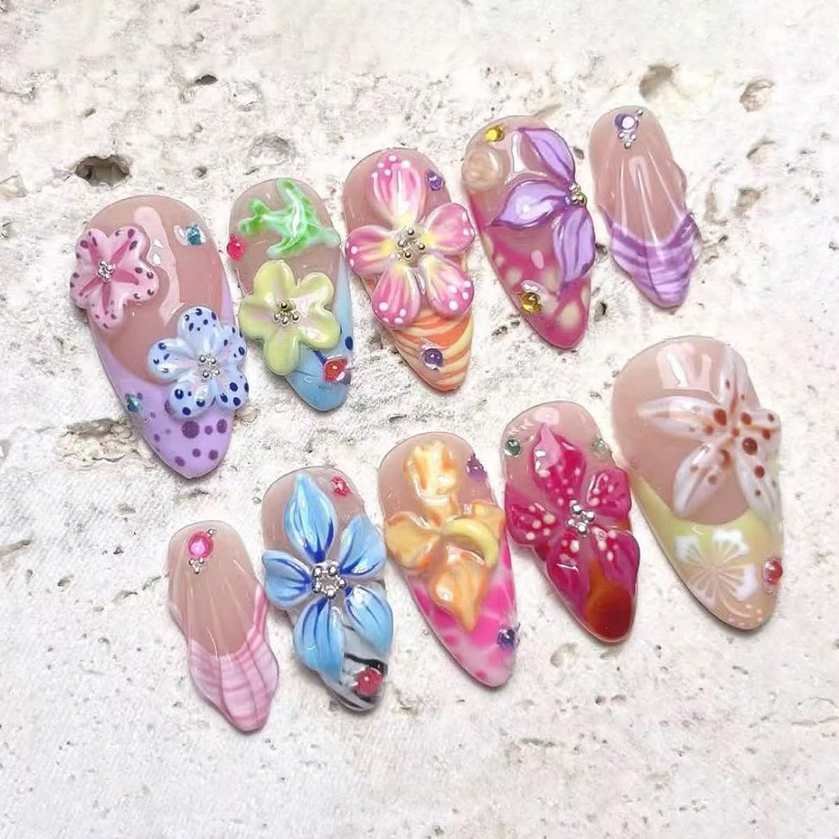 Press-On Almond Nails - Blue & Yellow Fruit Design | Reusable 30-Piece Nail Kit for Spring & Summer Manicure
