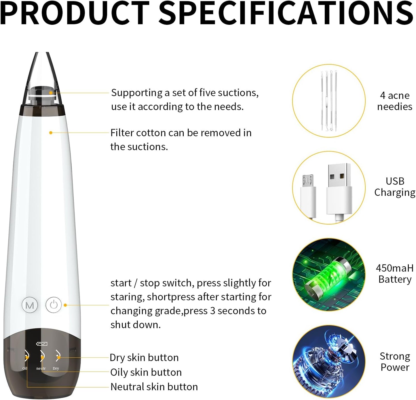 Blackhead Remover Pore Vacuum Cleaner - USB Rechargeable with 3 Suction Levels & 6 Probes | Acne Extractor Tool for Women