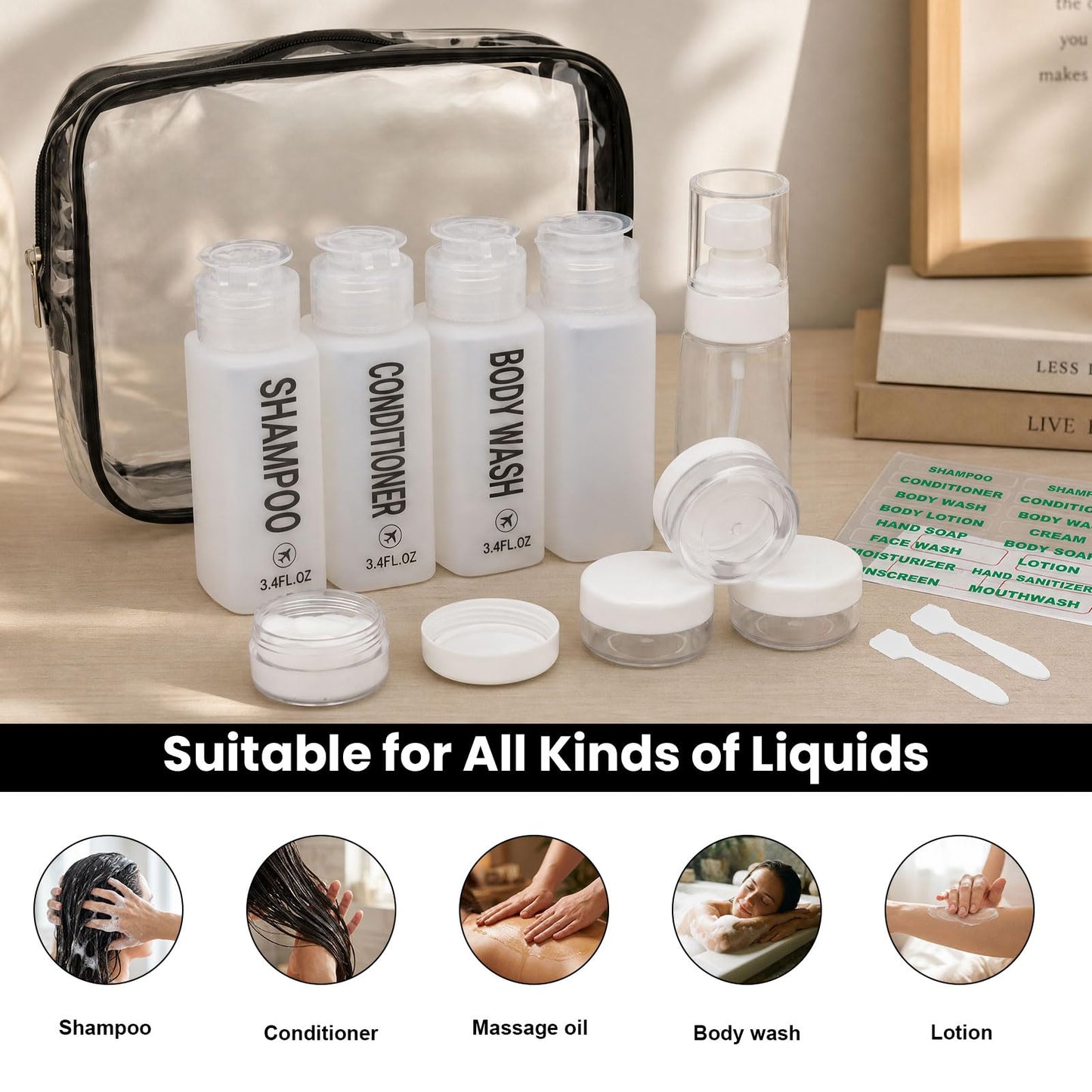 Decorniqu Travel Bottles for Toiletries 14PCS 3.4oz Pre-Printed Shampoo, Conditioner, Body Wash, Wide Mouth Containers TSA Approved 2oz Travel Spray Bottle Leak Proof 0.35oz Plastic Cream Jars(White)