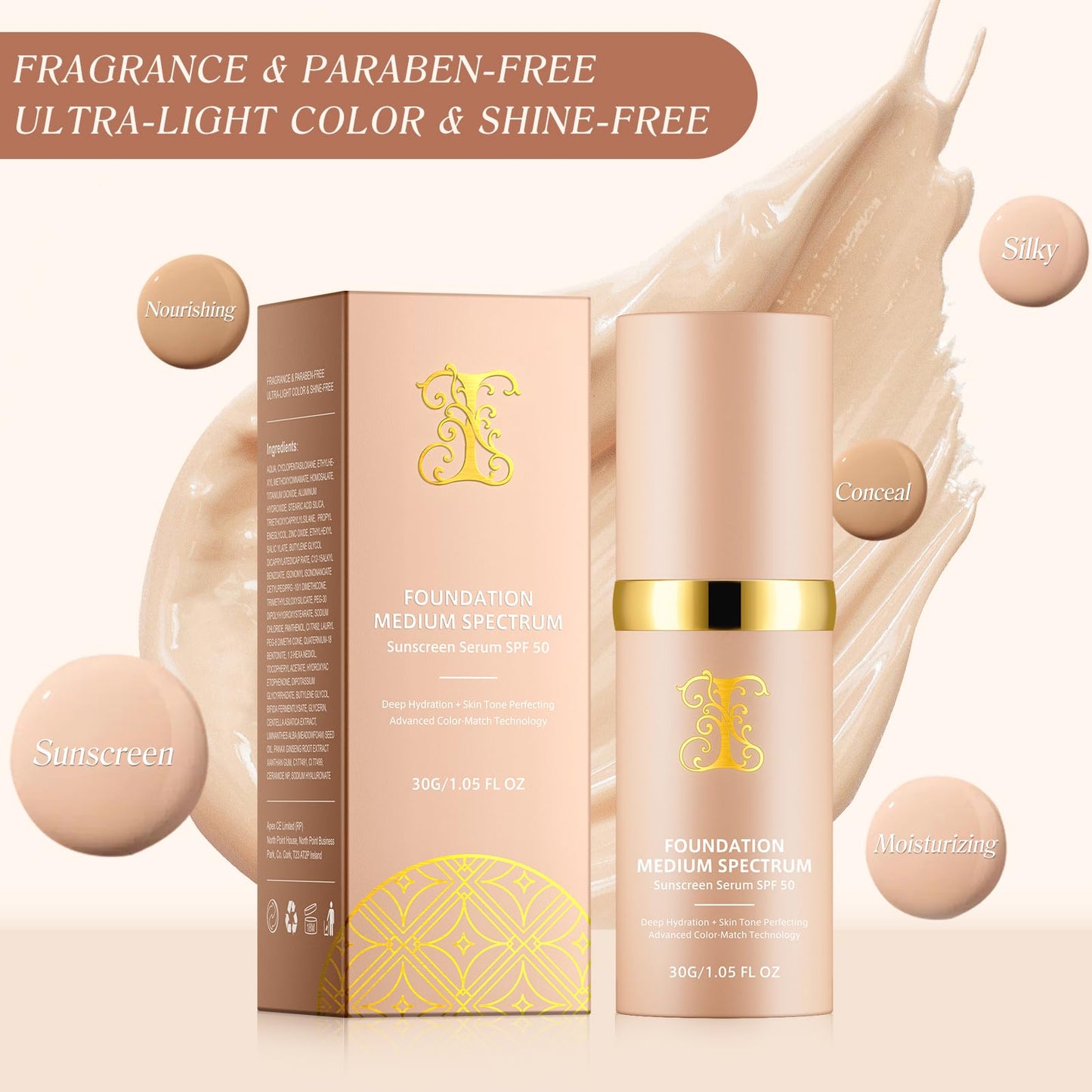 Foundation 4 in 1 - Medium Spectrum with SPF 50+, Anti-Aging, Concealer, Sun Protection, Hydrating Color Changing Foundation Makeup Liquid - Longwearing & Waterproof for Sport, Dancing (Gym, 30ml)