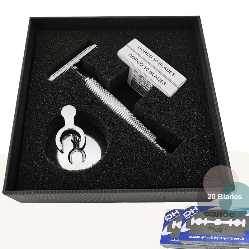 Hysotok Double Edge Safety Razor Set With 20 Blades, Stand, Heavy Duty Kit for Men's Everyday Use and Smooth Close Shave (Silvery)