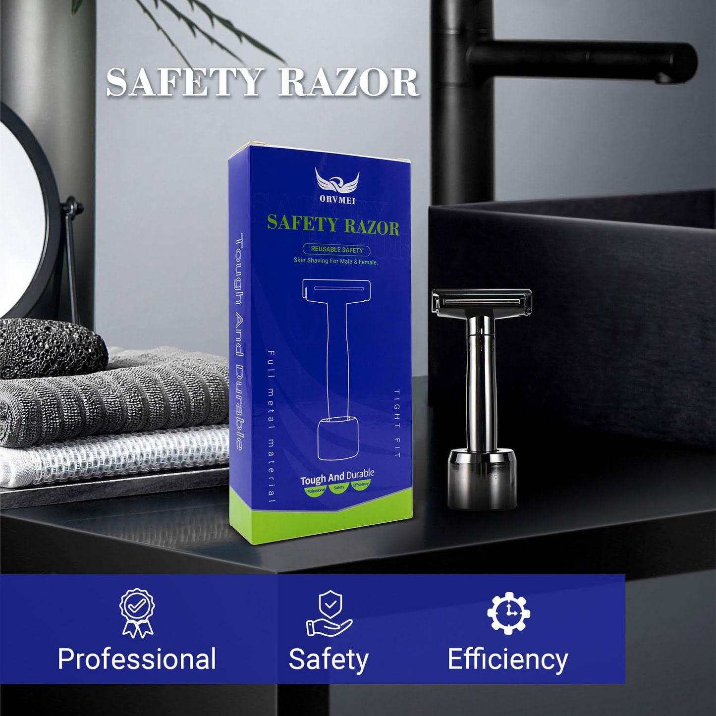 ORVMEI Shaving Razor - Steel Black Double Edge Safety Razor with 10 Spare Blades - 6 Speed Adjustable and 30° Angle Precision with Superior Blade Rigidity for Men and Women (Black)