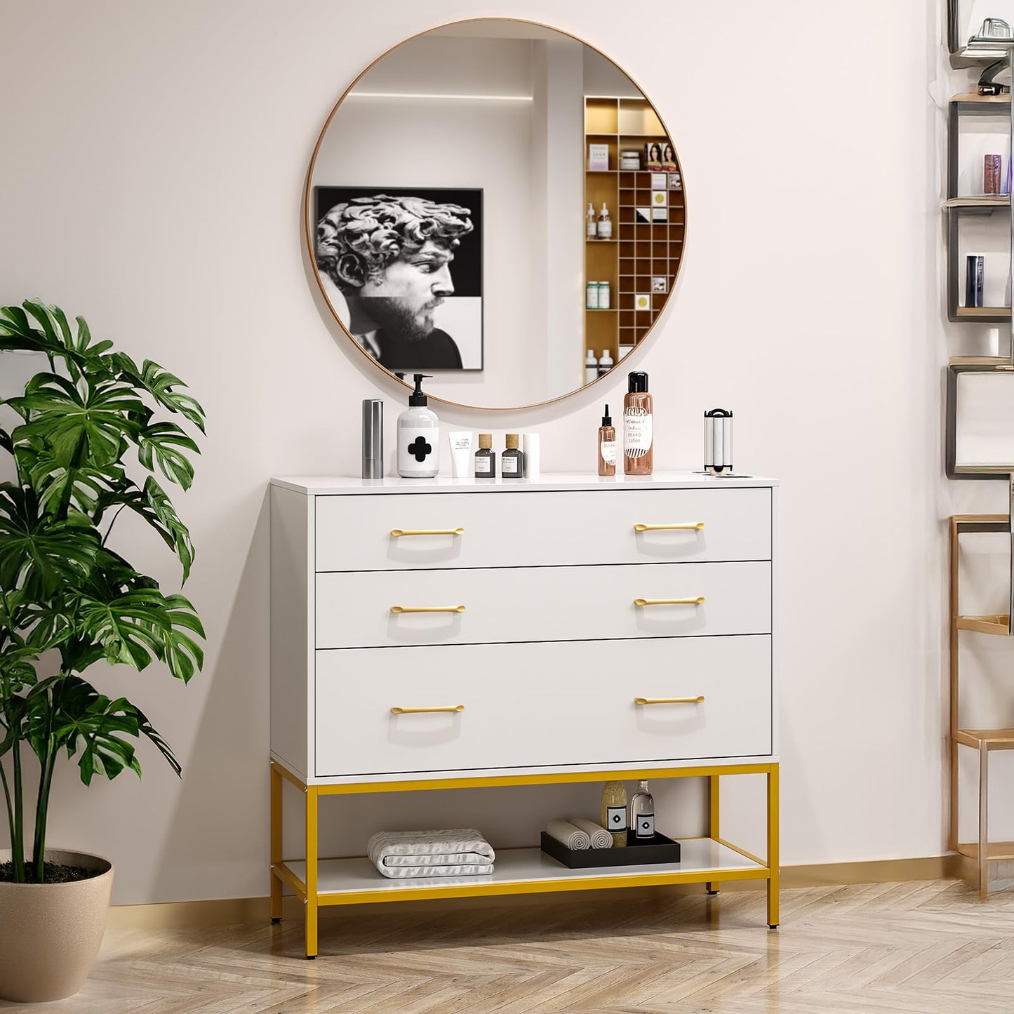 OmySalon Salon Station, Barber Station with 3 Drawers & 3 Hair Dryer Holders, Free Standing Cabinet with Open Shelf, Storage Styling Stations for Barbershop Beauty SPA, White