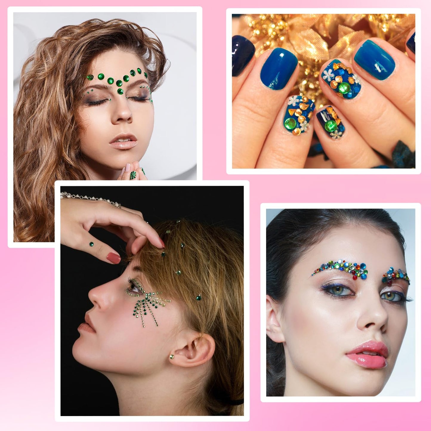 NIACONN 1760 Pcs Green Hair Jewels Face Gems Stick on, Self Adhesive Glitter Rhinestones Stickers for Women Body Eyes Nails Festival Halloween Makeup & Crafts