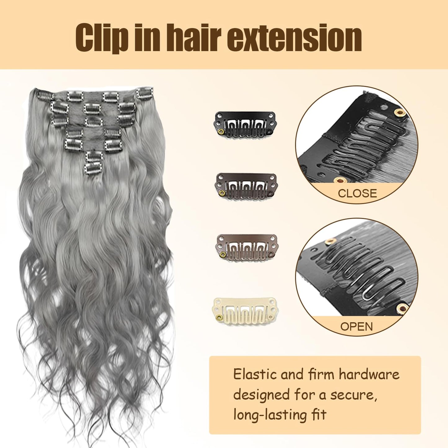 Grey Long Wave Clip in Hair Extensions Real Human Hair, 20 Inch 120g/7Pcs,Full Shine Remy Human Hair,Natural Grey Clip ins Brazilian Virgin Human Hair Extensions