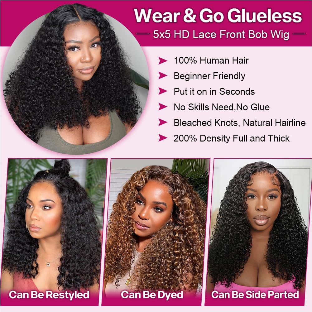 Ailwelia Curly Bob Wig Human Hair Deep Wave 200% Density 5x5 HD Lace Closure Wigs Human Hair Bob Wigs For Black Women Wear And Go Glueless Curly Wig Black Color 18 Inch