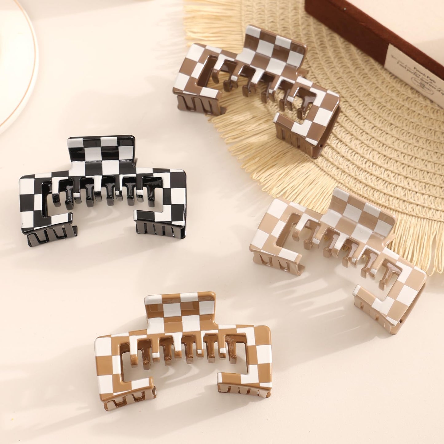 4 PCS Large Hair Clips for Baseball Cap, 4.1 Inch Hat-Friendly Claw Clips for Women Girls, Non-Slip Strong Hold Trucker Hat Hair Claw Clips for Thick Thin Hair, Checkered (Patent Pending)