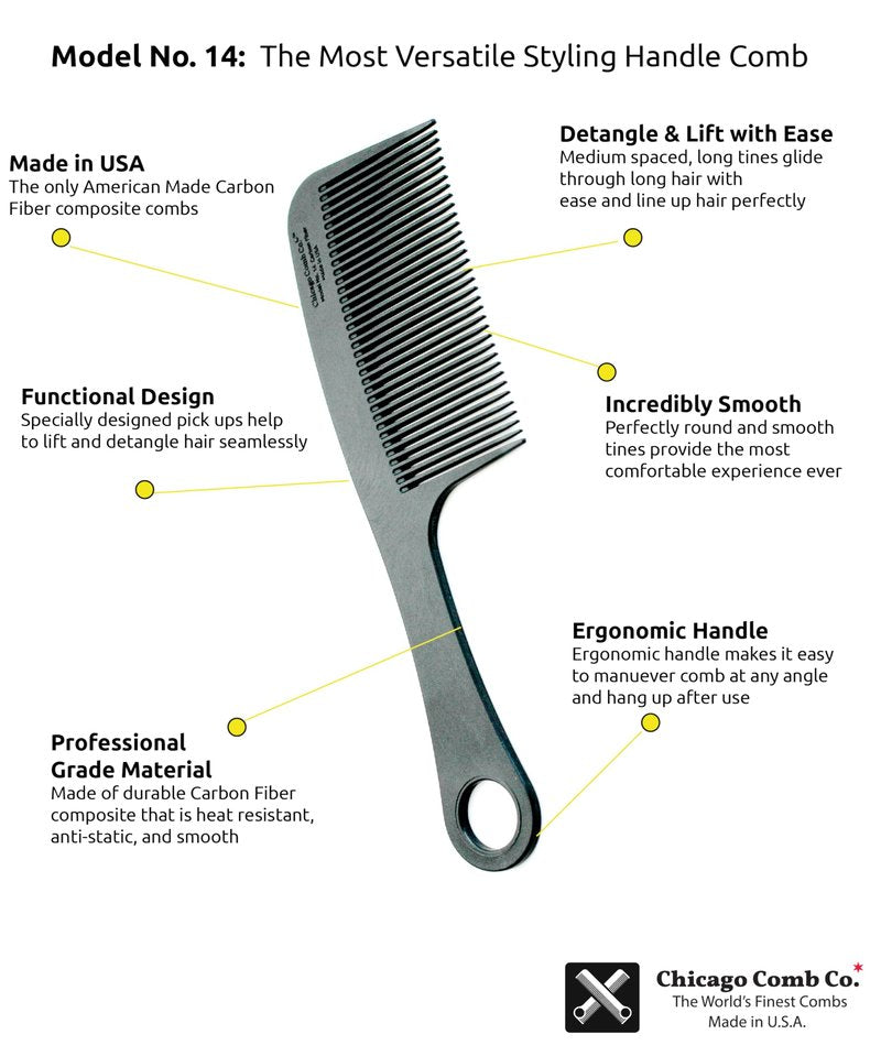 Chicago Comb Model 14 Carbon Fiber, Made in USA, Anti-static, Detangling, Styling & Shower comb, 8.4 inches (21 cm) long