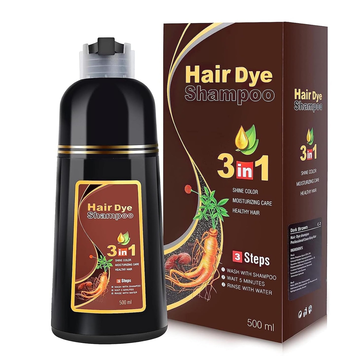 Black Hair Dye Shampoo - 3 in 1 Semi-Permanent Gray Coverage for Color-Treated Hair | 500ml
