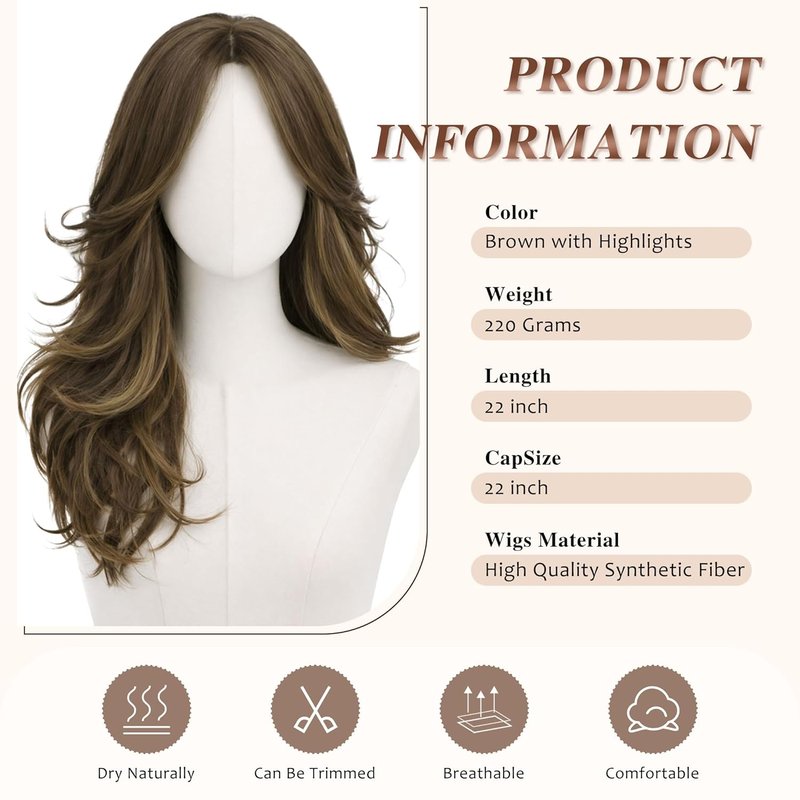 Layered Brown Wig with Highlights - Long Wavy Synthetic Hair, 22 Inch | Natural-Looking Curtain Bangs for Daily Wear