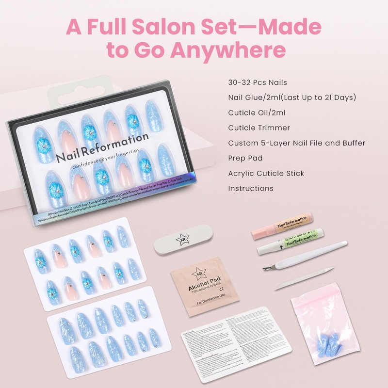 Press On Nails - Blue Agate Medium Almond Fake Nails with French Tip & 3D Flowers | 30-Piece Reusable Nail Kit for Women