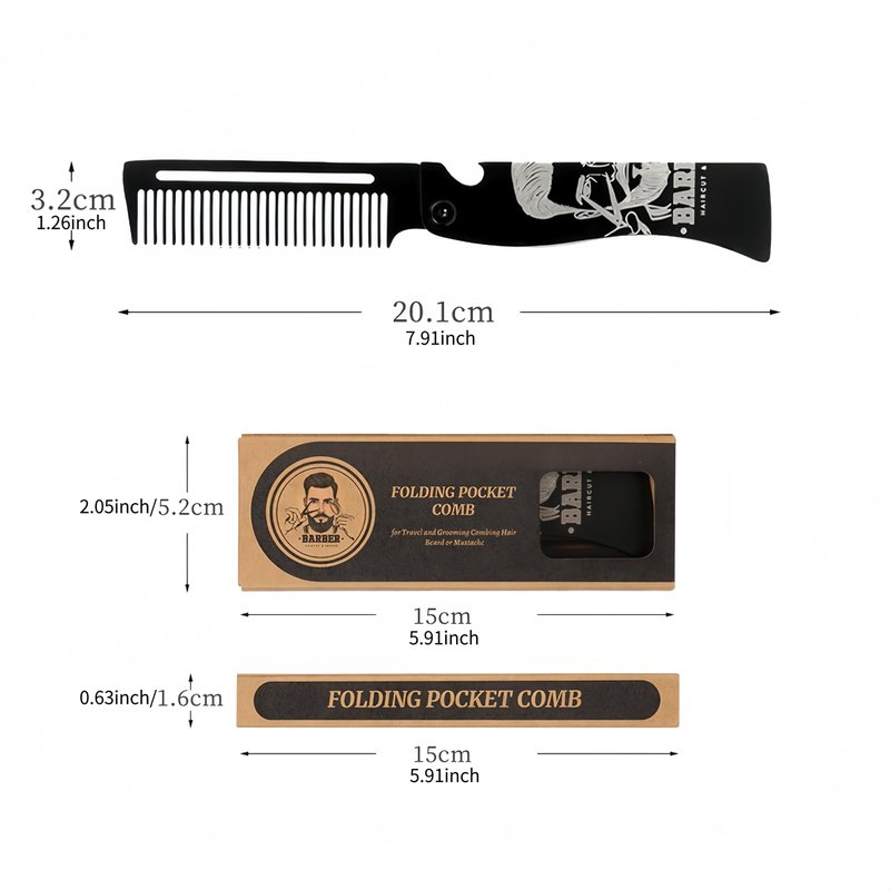 Men's Metal Folding Pocket Beard & Mustache Comb, EDC Knife Comb with Bottle Opener for Outdool Travel - Anti-Static for Hair Styling Pompadour, Slicked-back, Fauxhawk, Undercut - Black
