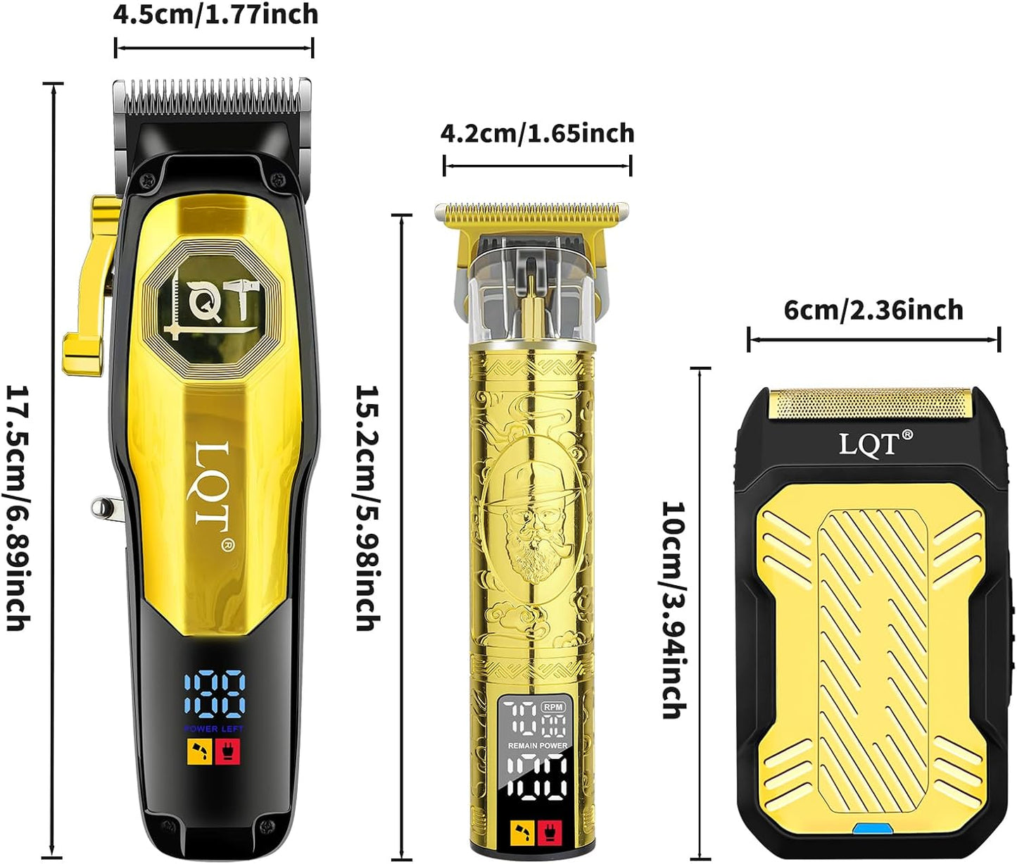 Cordless Hair Clippers for Men - Rechargeable Barber Clipper & Beard Trimmer Set | T-Blade, Adjustable Lever, LED Display, Gold