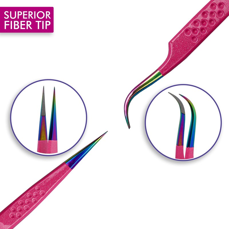 Precision Eyelash Extension Tweezers,Straight And Curved, with Fiber Tip, Volume & Isolation Tweezers, Japanese Stainless Steel, Unique Spotted Design (Pink Color)