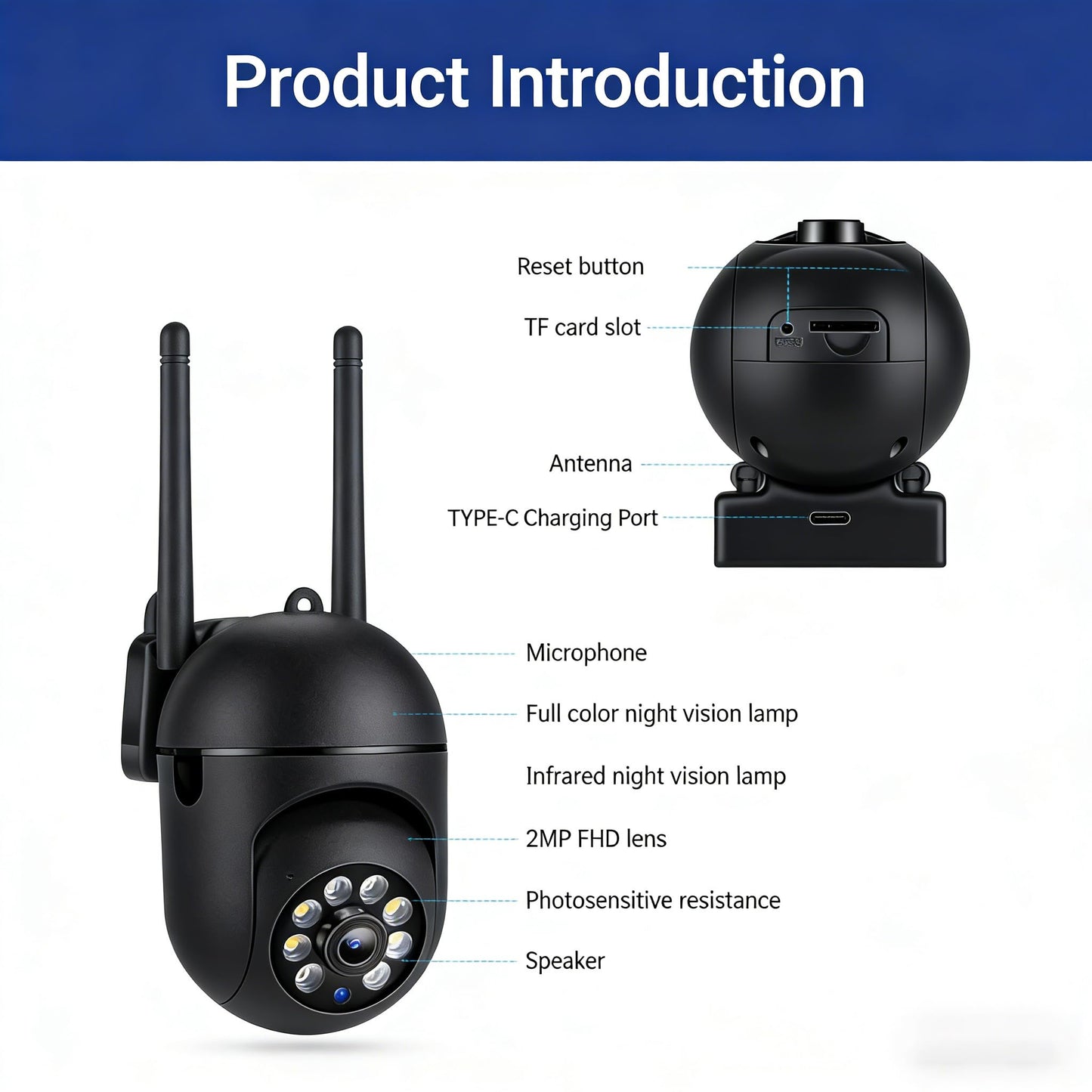 Outdoor Security Camera 1080P Dome 2.4GHz WiFi Waterproof 360 Degree View Motion Detection 2-Way Audio for Home Yard, Black