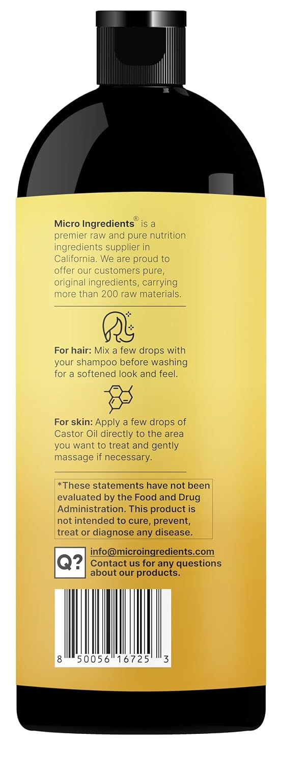 Organic Castor Oil - 100% Pure Cold-Pressed Carrier Oil for Hair, Skin & Eyelashes - 32 fl oz | USDA Certified, Non-GMO