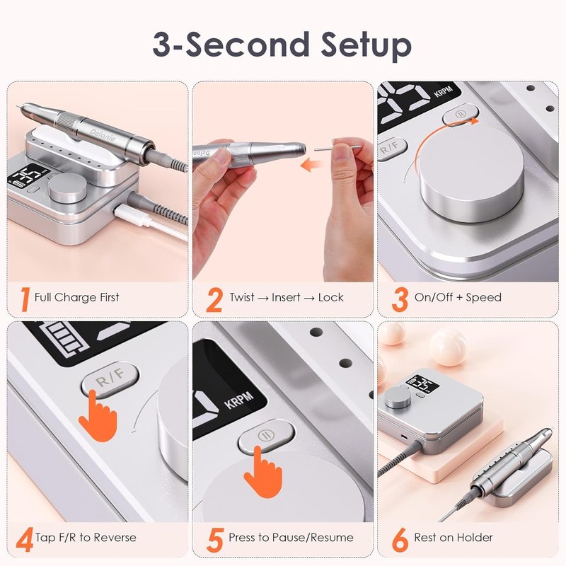 Electric Nail Drill Machine - 35000 RPM E File for Professional Nail Care | Rechargeable with Magnetic Handpiece Holder & 7 Bits