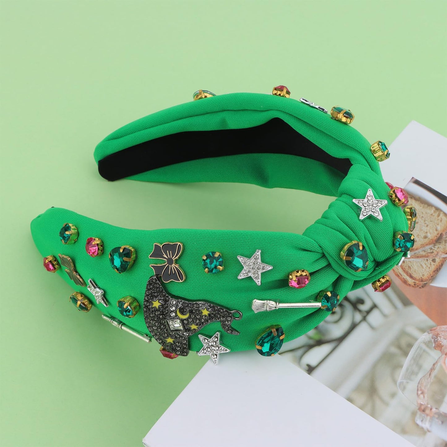 Amariver Wicked Headband for Women – Knotted Green Headband with Witch Charms & Rhinestones for Halloween & Everyday Glam