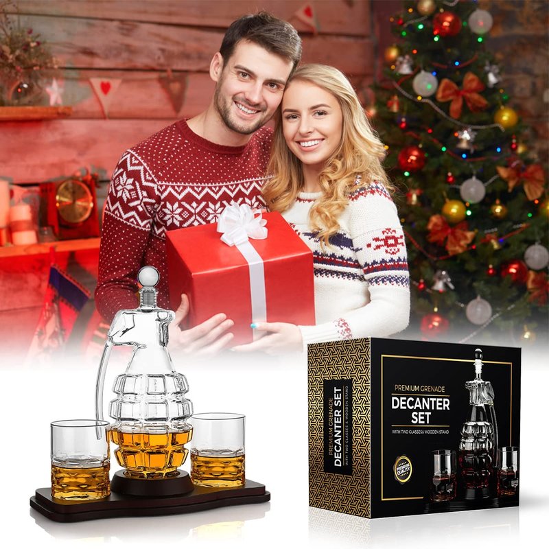 Whiskey Decanter Set Grenade Shaped Liquor Decanter Set with 2 Glasses - Scotch Bourbon Drinking Gift for Men&Women Dad Husband Boyfriend Brother Anniversary Birthday Christmas House Warming Present