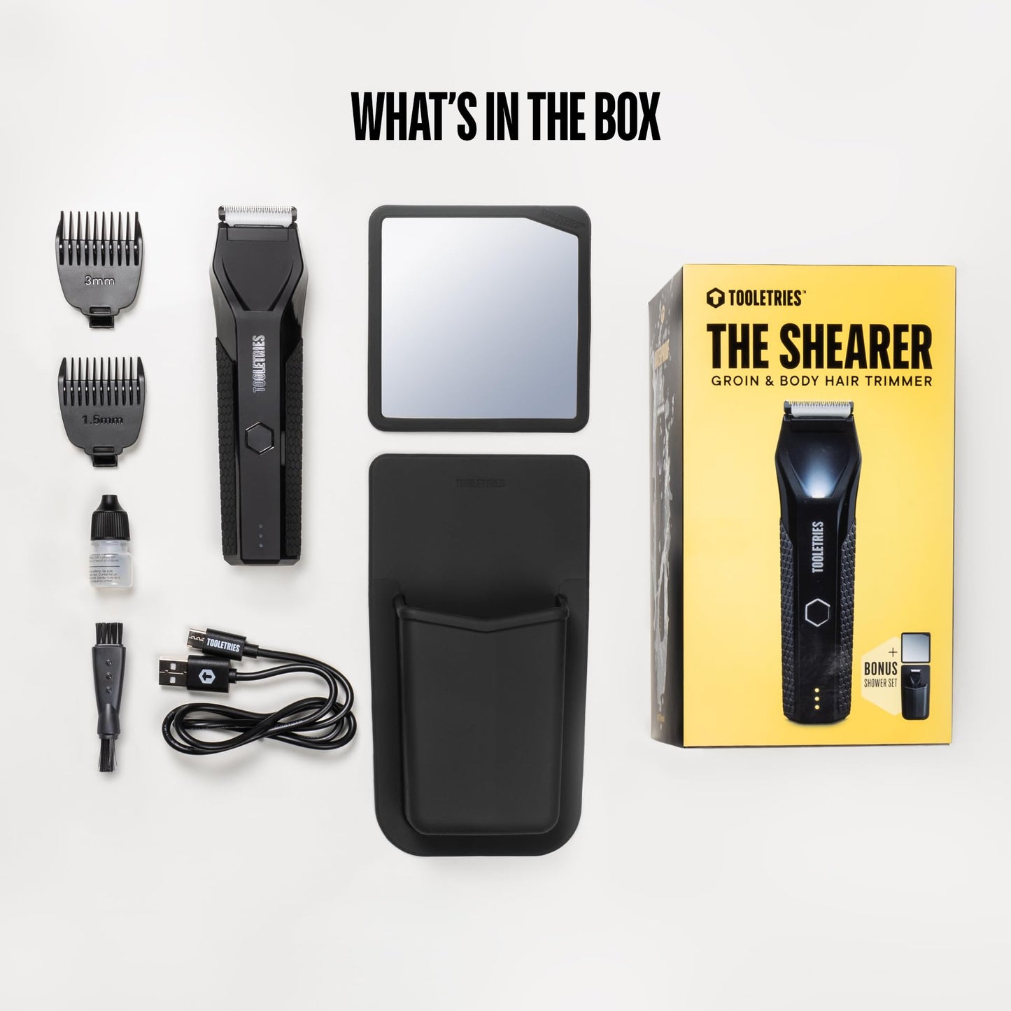 TOOLETRIES The Shearer Groin Trimmer & Body Groomer with Accessories Set, Men’s Waterproof Pubic Hair & Ball Trimmer, Rechargeable Wet/Dry Electric Shaver for Chest, Legs & Sensitive Areas - Black