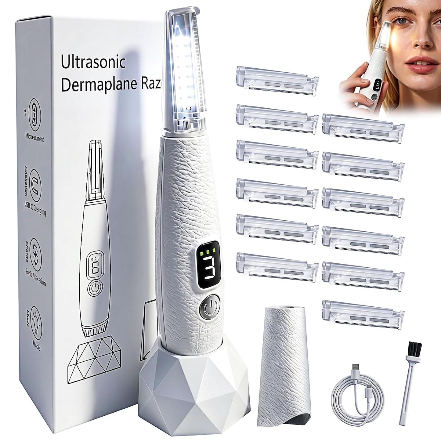 Sonic Dermaplane Razor - Rechargeable Face Exfoliation Tool with 12 Blades | LED, 3 Speeds, Pink