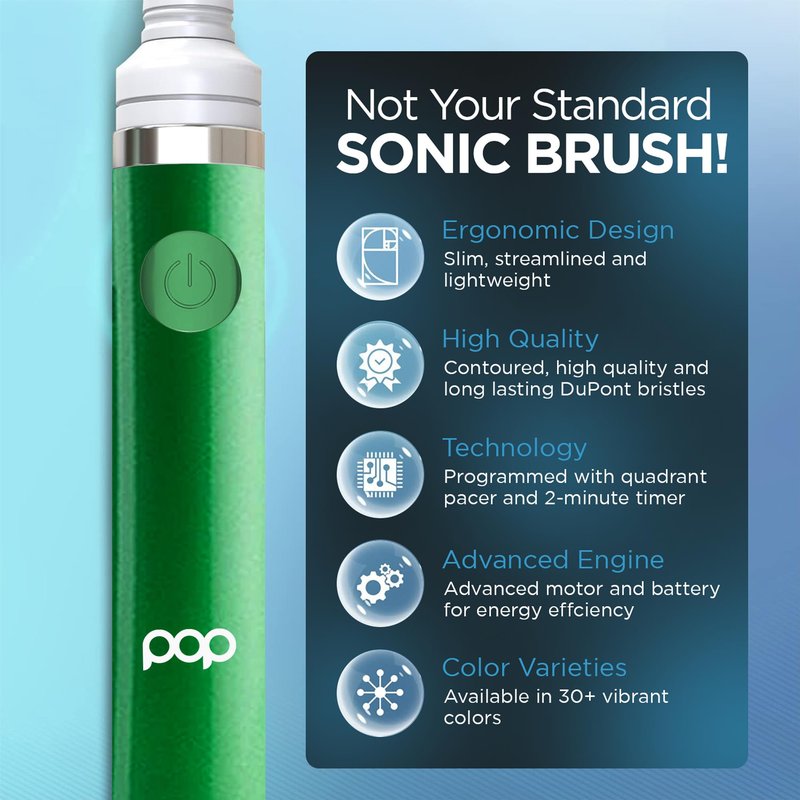 Pop Sonic Electric Toothbrush (Green Solid) - Travel Toothbrushes w/AAA Battery | Kids Electric Toothbrushes with 2 Speed & 15,000-30,000 Strokes/Minute, Dupont Nylon Bristles