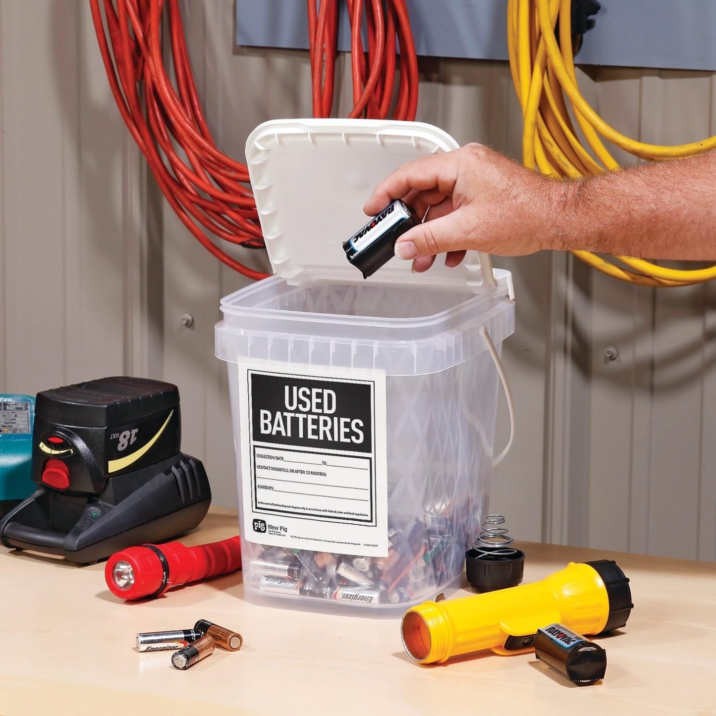 PIG Battery Disposal Container | Used Dry-Cell Battery Storage | 2 Gallon Capacity | PMB30595