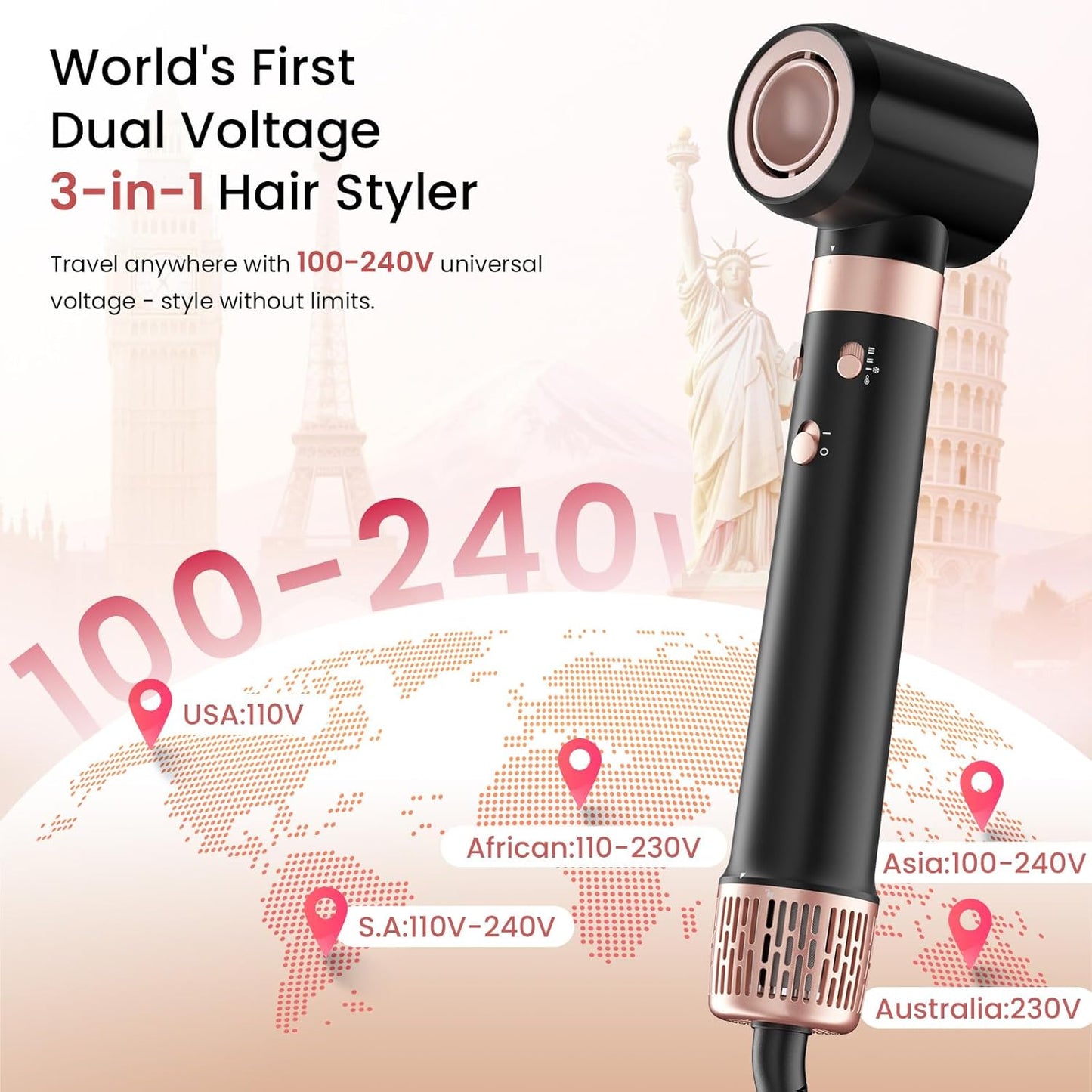 Dual Voltage Hair Styler - 3-in-1 High-Speed Hair Dryer & Auto-Wrap Curling Barrels | Travel-Friendly 110-240V with Bag