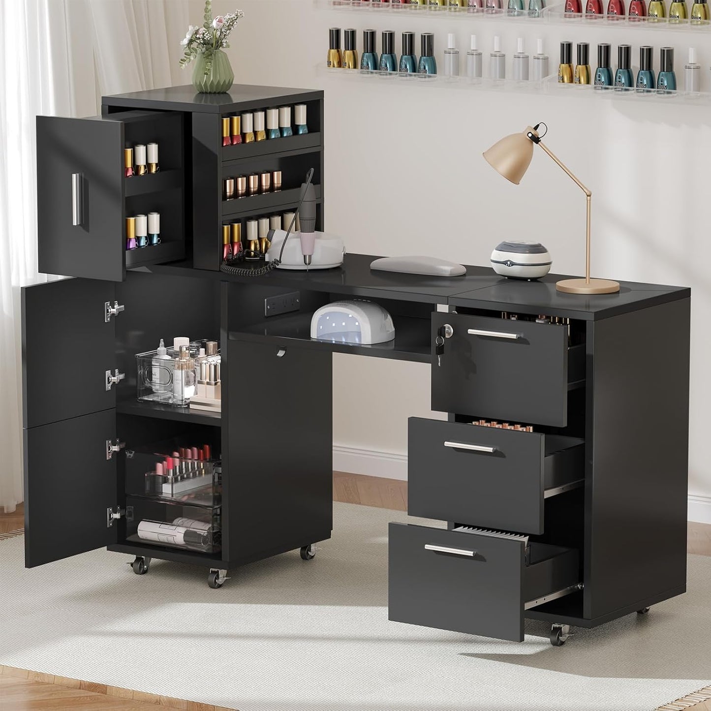 Manicure Table - 56 Inch Nail Desk with 3 Cabinets, 3 Drawers & Power Outlet | Professional Salon Workstation