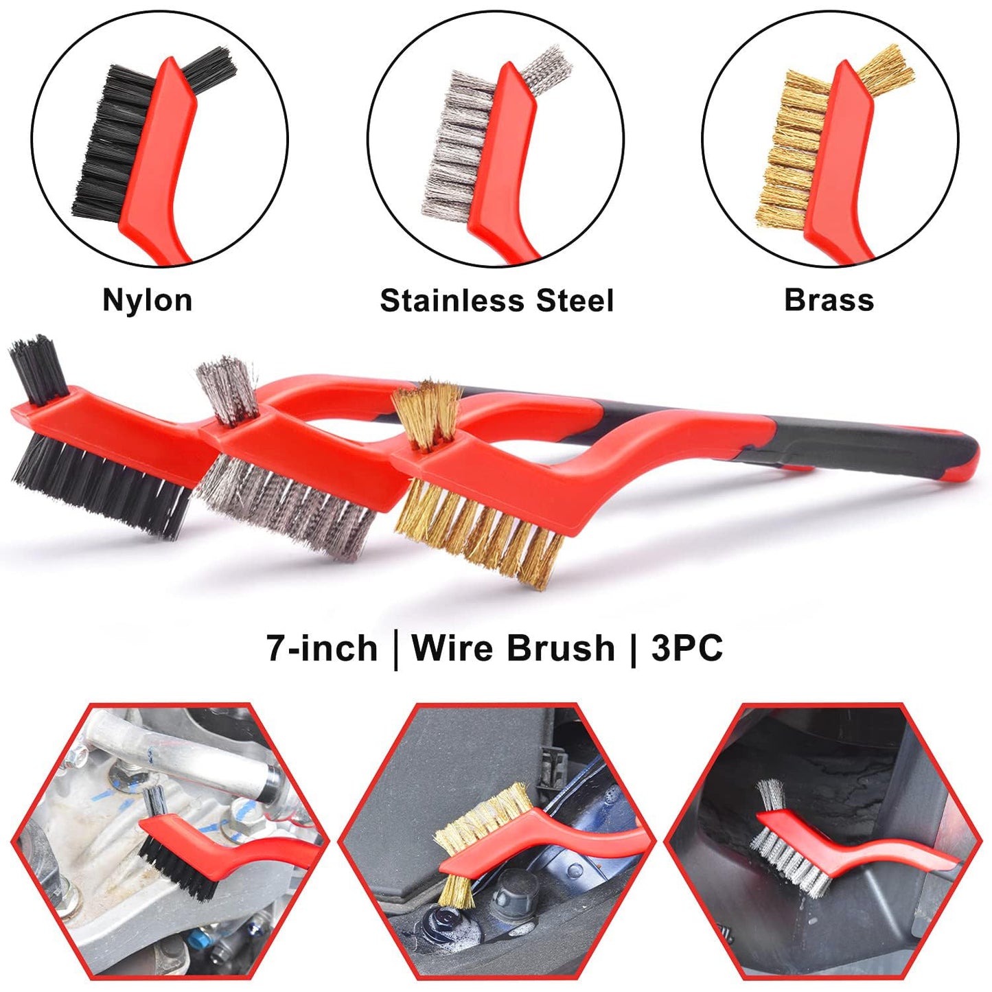3-Piece Wire Brush Set - Heavy Duty Nylon, Brass & Stainless Steel Brushes | Curved Nonslip Handle, 7-Inch Red
