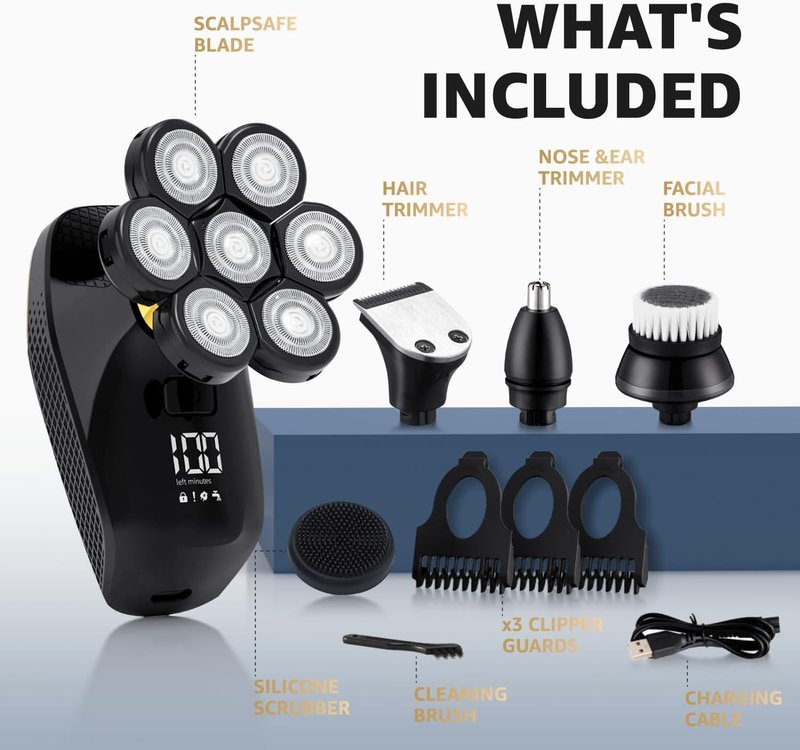 VITALY 7D Floating Head Shaver for Bald Men - 9200RPM Waterproof Rechargeable Grooming Kit | Travel Lock & LED Display