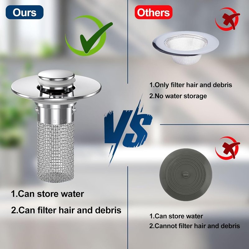 Bathroom Sink Drain Strainer with Pop Up Stopper, Stainless Steel Removable Filter Basket Hair Catcher, Anti-Clog Sink Drain Filter for Bathroom Sink (1 Pack)
