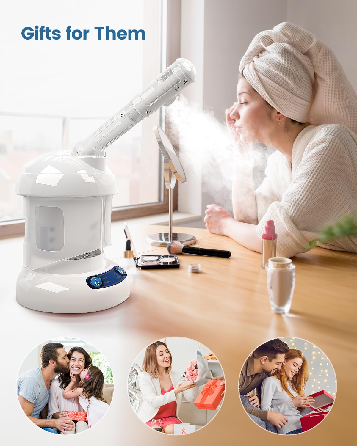 Tabletop Facial Steamer - Kingsteam Nano Ionic Face Steamer with 360° Rotating Arm, Moisturize, Remove Blackheads, Portable Facial Steamer for Home Facial Spa or Beauty Salon, White