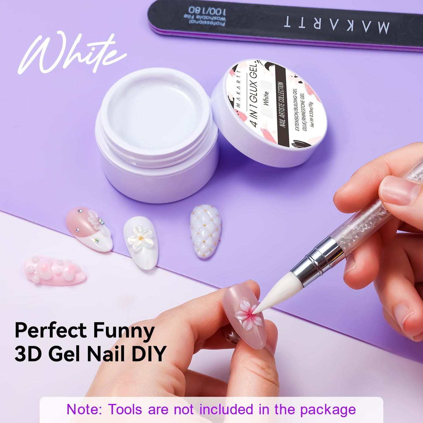 Makartt White 3d Gel Nail Art: 4-in-1 3d Nail Gel Sculpting Gels White Non-sticky for Extension, Shaping, 15ML Solid Builder Nail Gel for Nail Strengthen & Sculpture Gels for Nails Salon Home