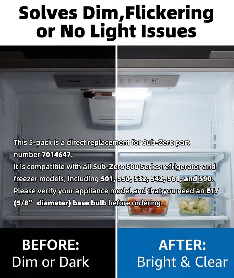 TELSOLARE 4-Pack 7014647 Refrigerator Light Bulb Replacement for Sub-Zero 500 Series (501, 550, 532, 542, 561, 590) - 120V 40W E17 Base Freezer & Fridge Bulbs