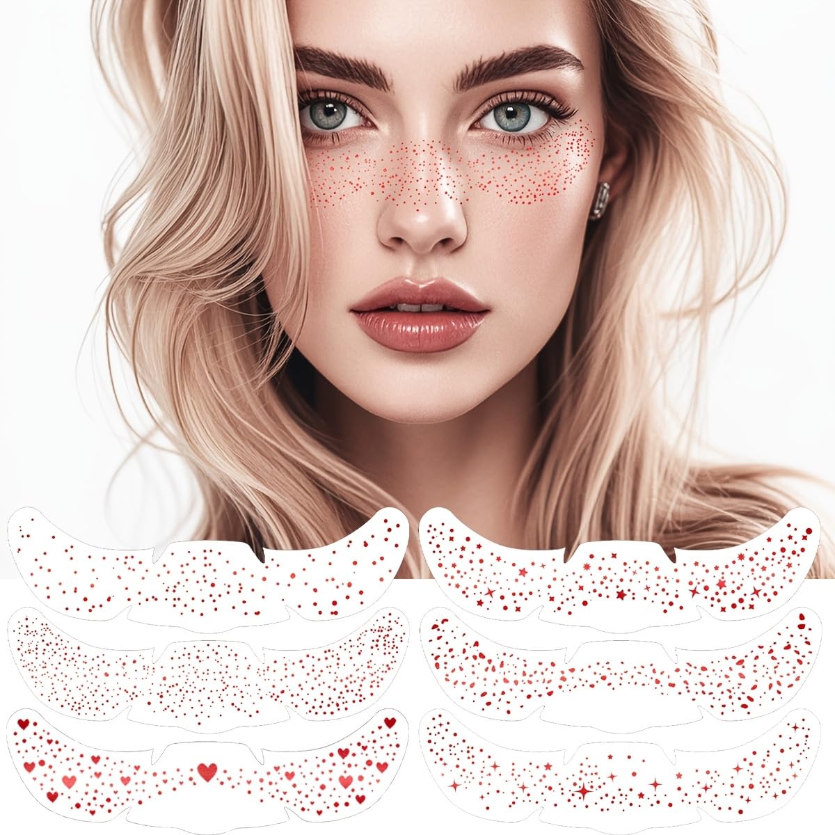 6 Piece Glitter Pink Freckle Temporary Tattoo Stickers With Red Heart Star Patterns Waterproof For Festival Makeup Decoration