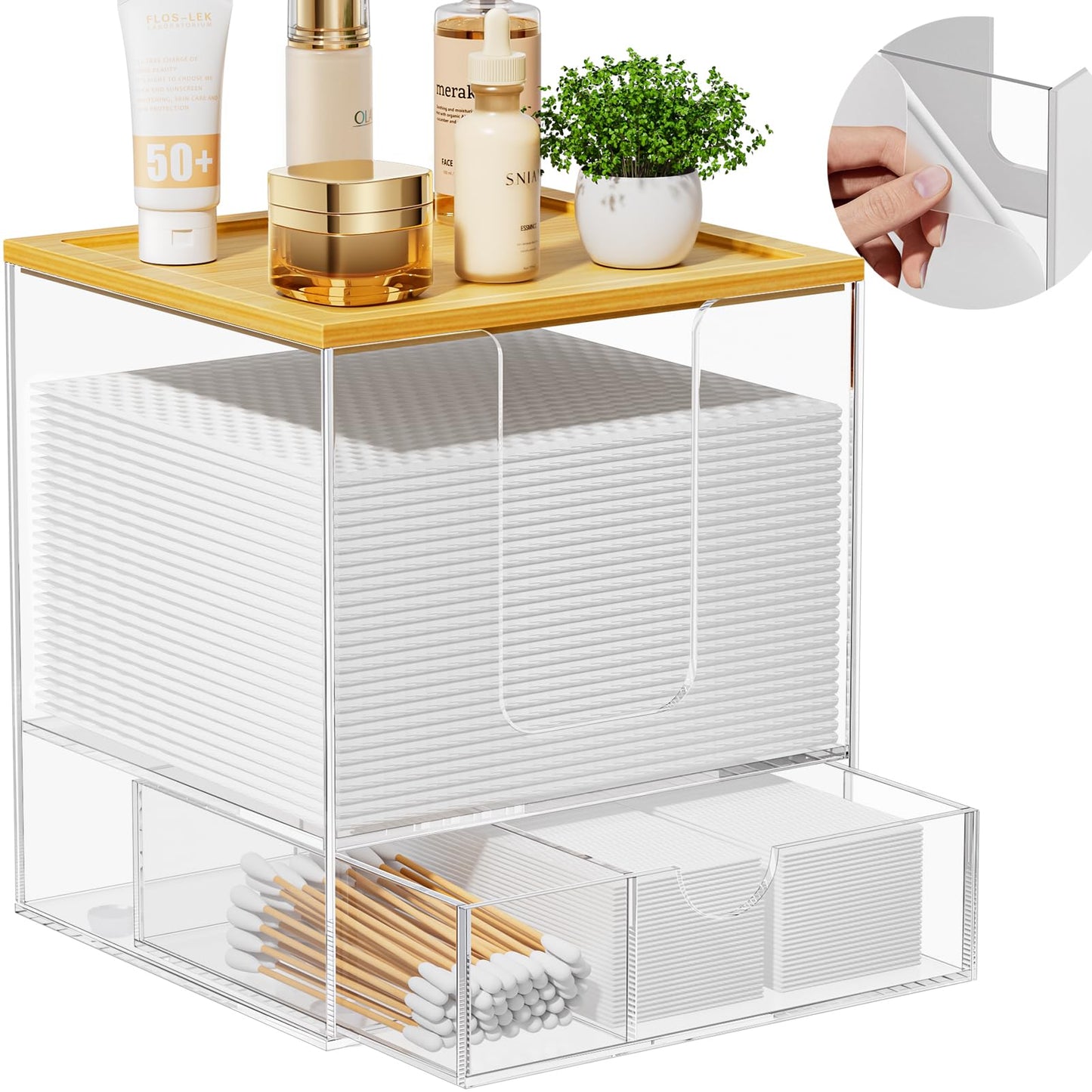 VITVITI Disposable Face Towel Holder for Clean Skin Club, Acrylic Bamboo Facial Towel Holder Box with Drawer, XL Face Towels Container for Bathroom Vanity Makeup, Clear